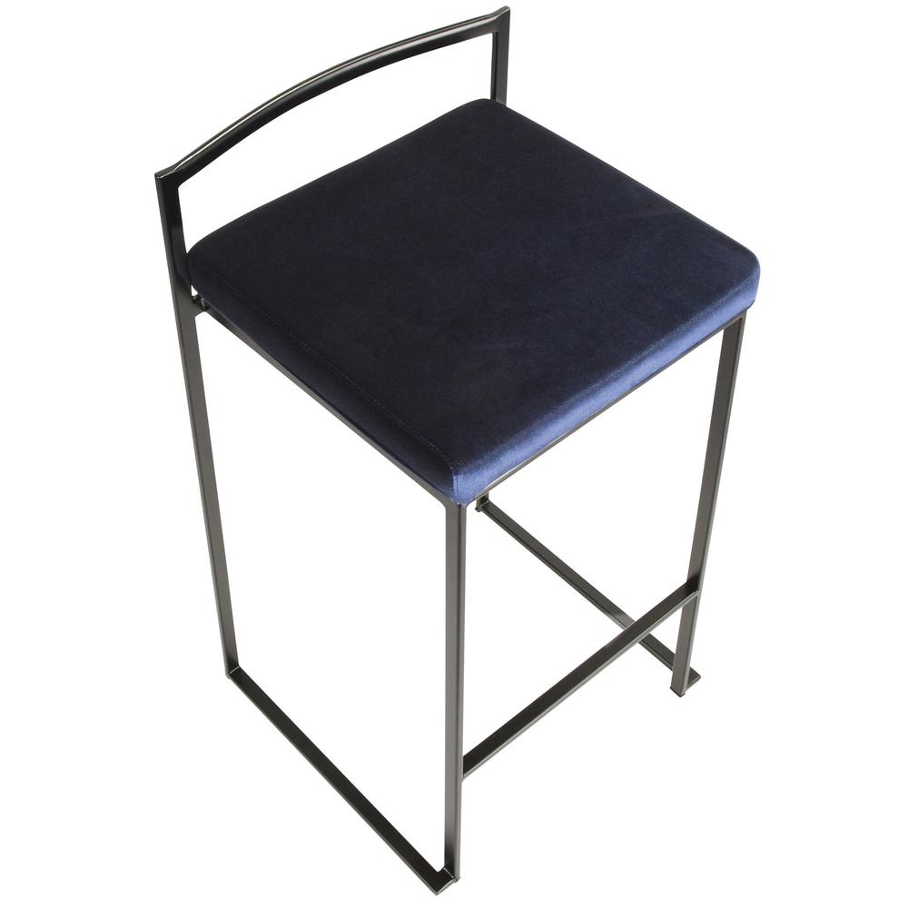 Fuji Contemporary Stackable Counter Stool in Black with Blue Velvet Cushion - Set of 2. Picture 7