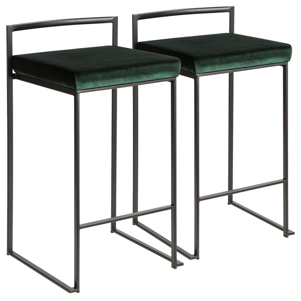 Fuji Contemporary Stackable Counter Stool in Black with Green Velvet Cushion - Set of 2. Picture 1