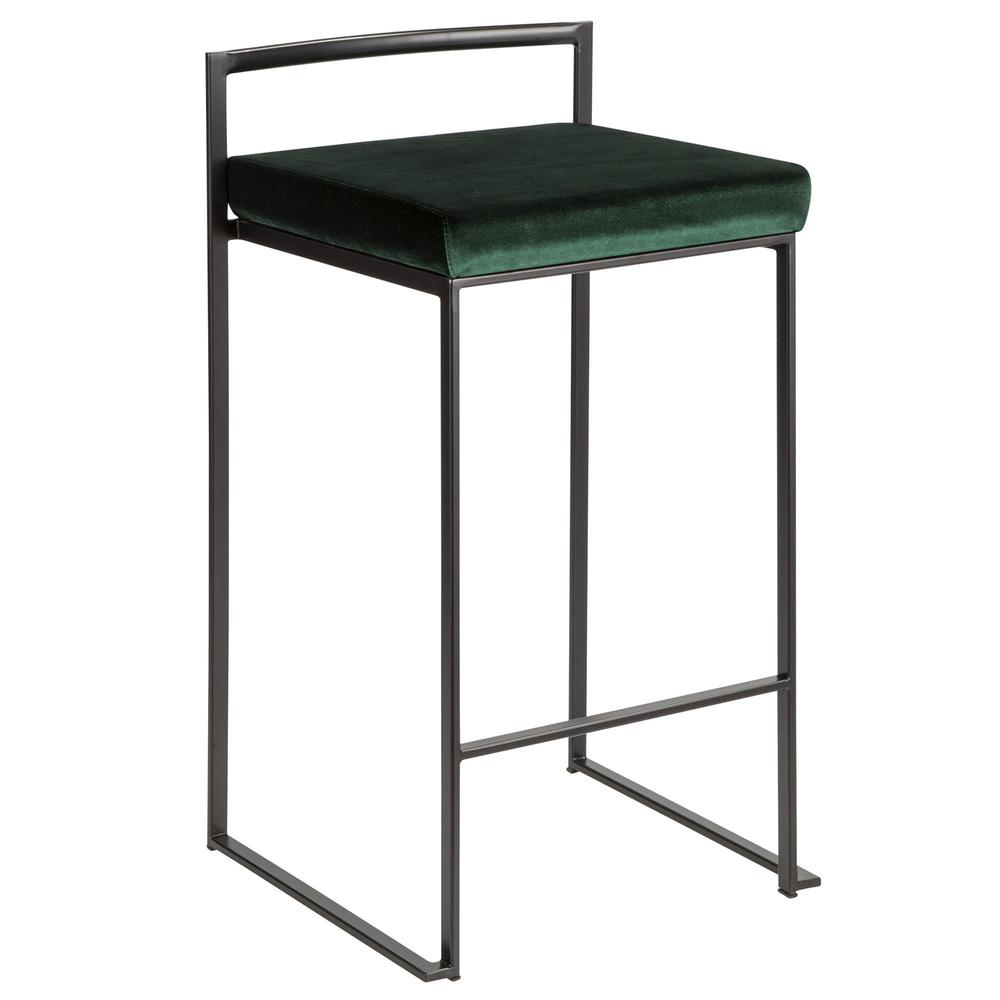 Fuji Contemporary Stackable Counter Stool in Black with Green Velvet Cushion - Set of 2. Picture 2