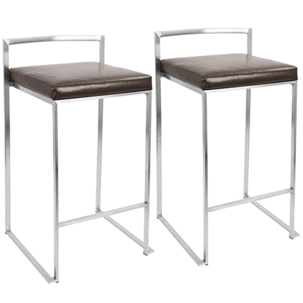 Fuji Contemporary Stackable Counter Stool in Brown Faux Leather - Set of 2. Picture 1