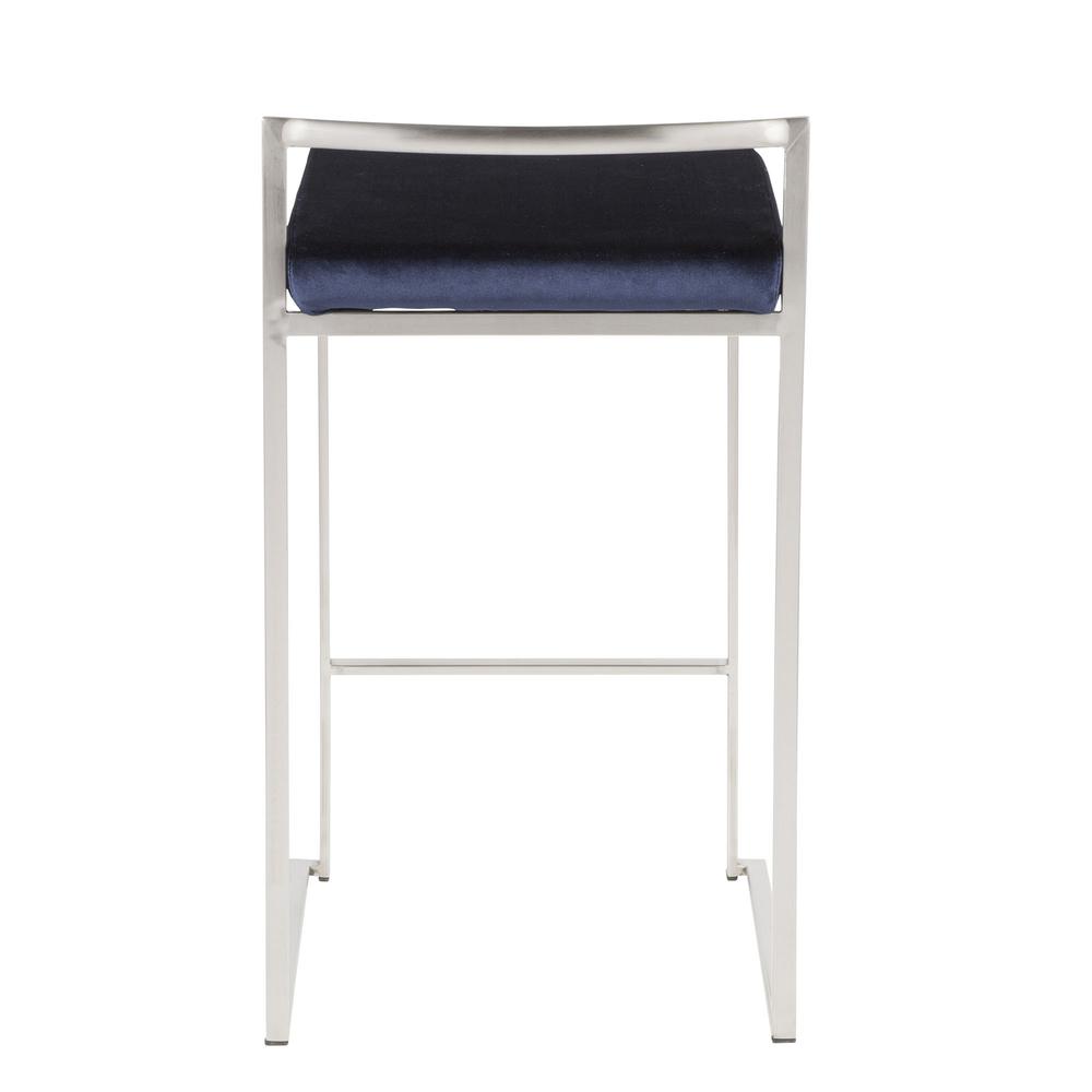 Fuji Contemporary Stackable Counter Stool in Stainless Steel with Blue Velvet Cushion - Set of 2. Picture 5