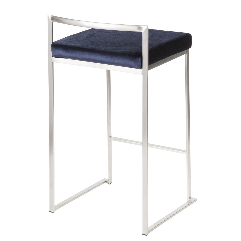 Fuji Contemporary Stackable Counter Stool in Stainless Steel with Blue Velvet Cushion - Set of 2. Picture 4