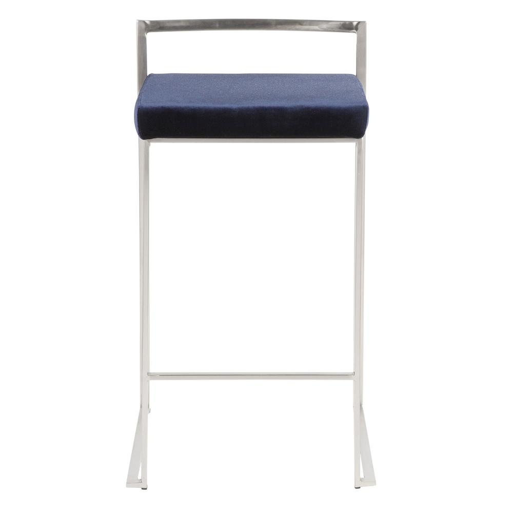 Fuji Contemporary Stackable Counter Stool in Stainless Steel with Blue Velvet Cushion - Set of 2. Picture 6
