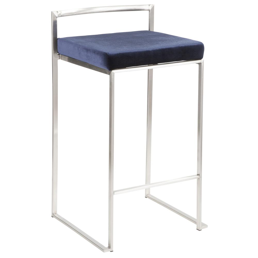 Fuji Contemporary Stackable Counter Stool in Stainless Steel with Blue Velvet Cushion - Set of 2. Picture 2