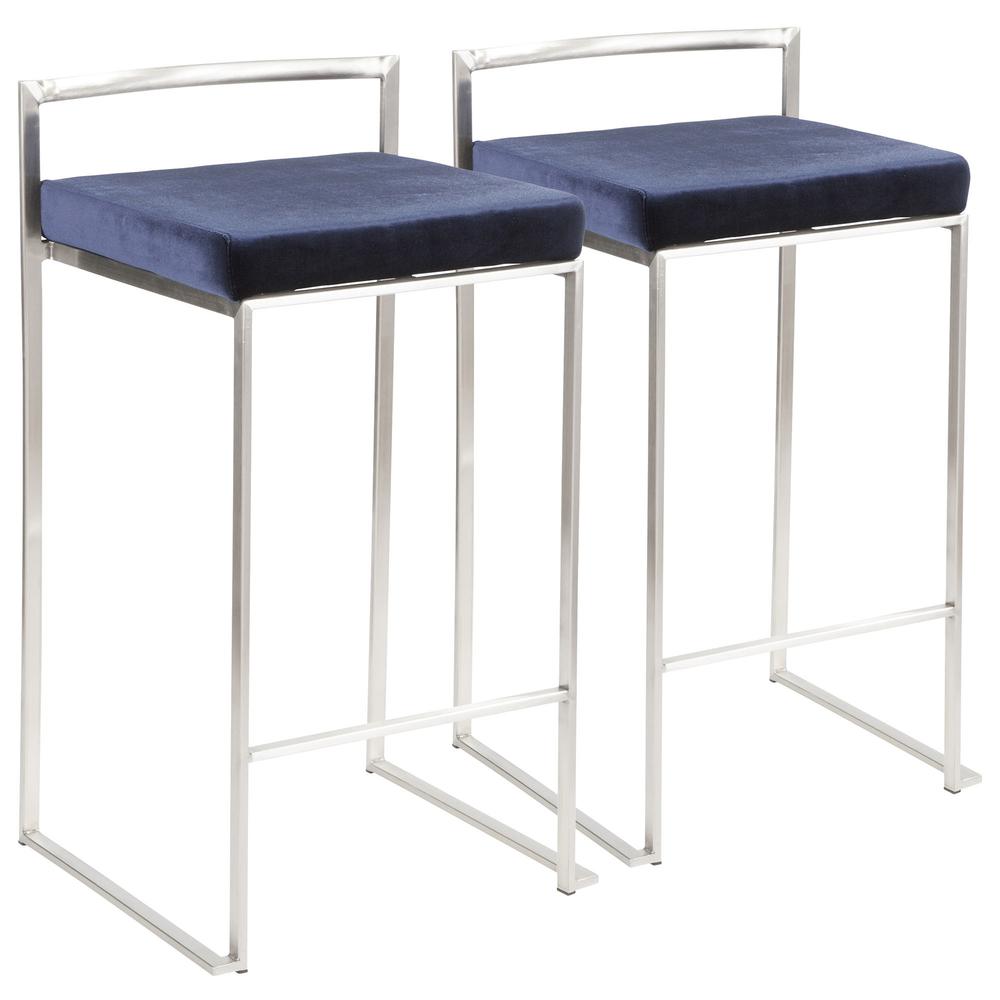 Fuji Contemporary Stackable Counter Stool in Stainless Steel with Blue Velvet Cushion - Set of 2. Picture 1