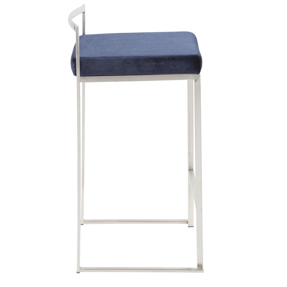 Fuji Contemporary Stackable Counter Stool in Stainless Steel with Blue Velvet Cushion - Set of 2. Picture 3