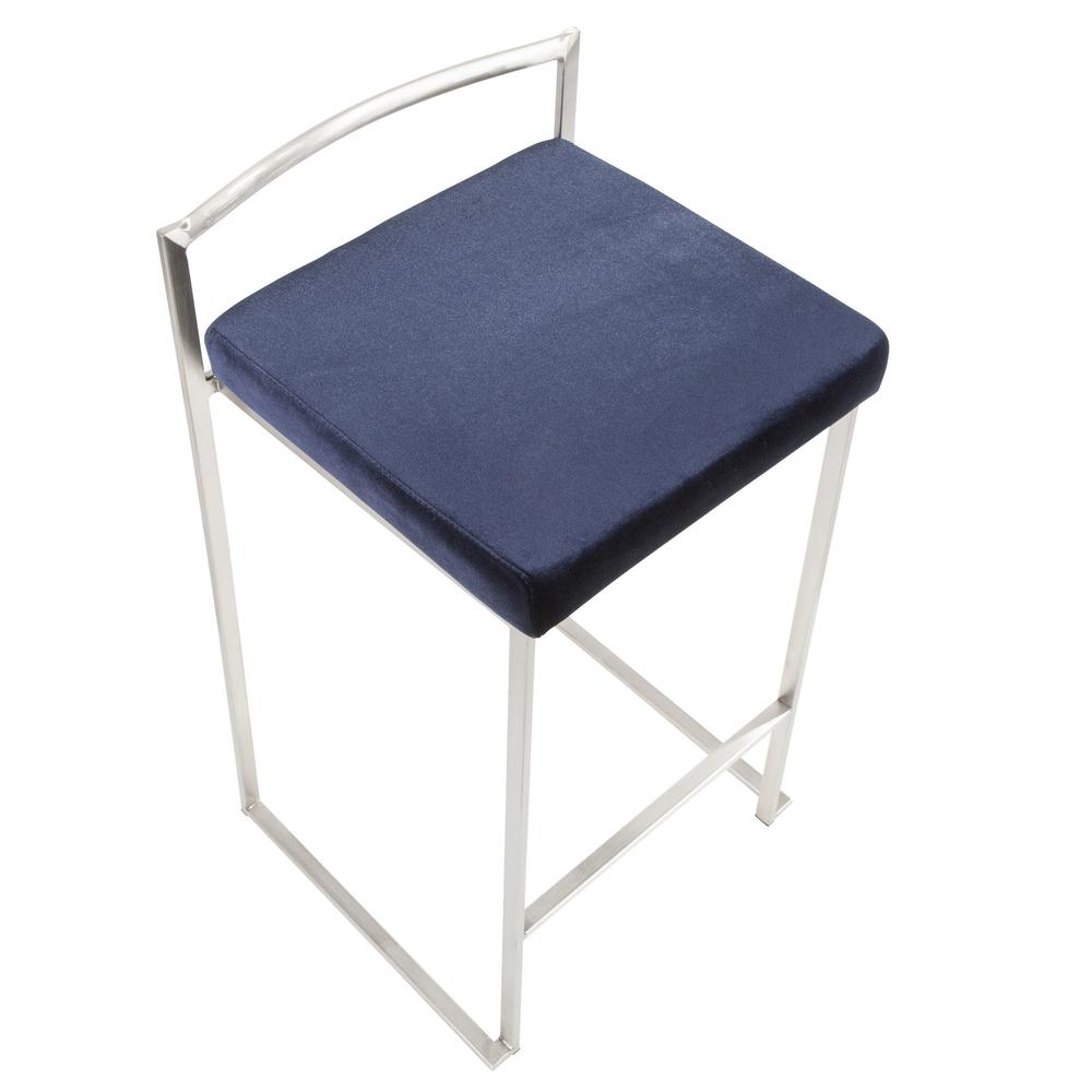 Fuji Contemporary Stackable Counter Stool in Stainless Steel with Blue Velvet Cushion - Set of 2. Picture 7