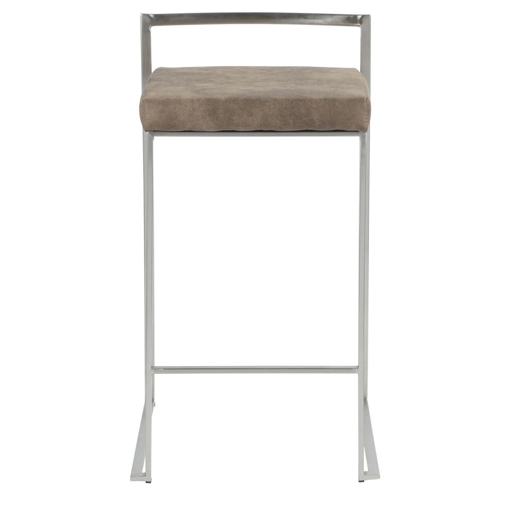 Fuji Contemporary Stackable Counter Stool in Stainless Steel with Brown Cowboy Fabric Cushion - Set of 2. Picture 6