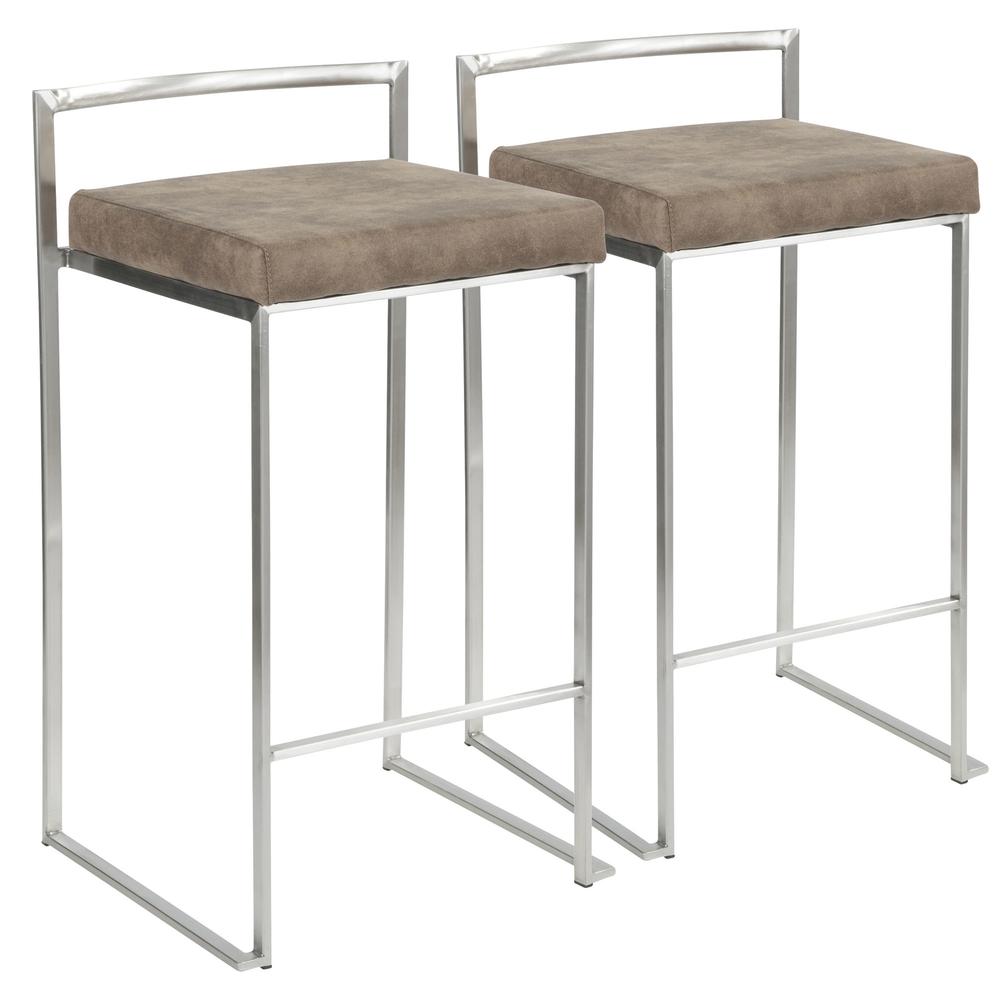 Fuji Contemporary Stackable Counter Stool in Stainless Steel with Brown Cowboy Fabric Cushion - Set of 2. Picture 1