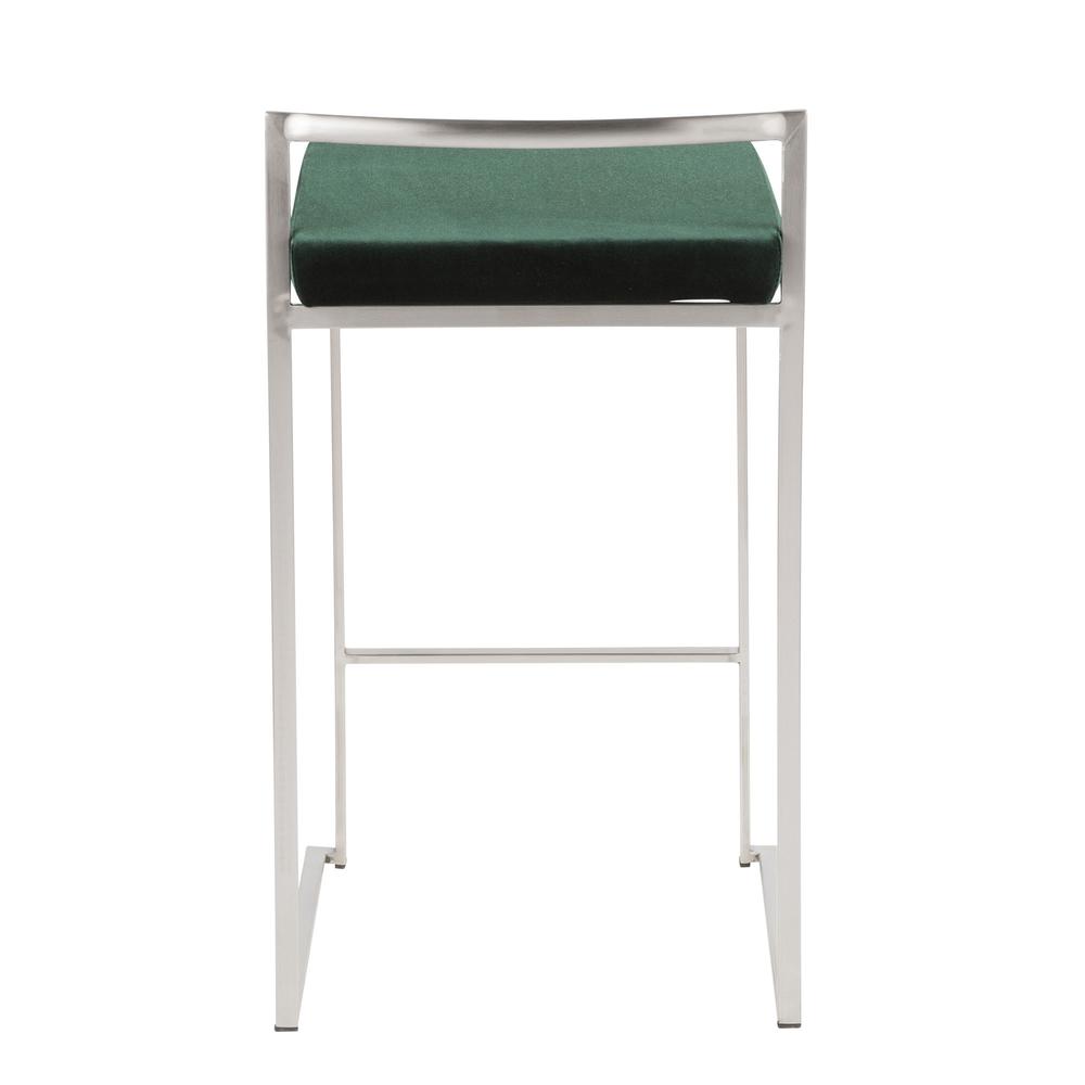 Fuji Contemporary Stackable Counter Stool in Stainless Steel with Green Velvet Cushion - Set of 2. Picture 5