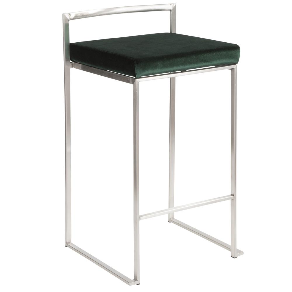 Fuji Contemporary Stackable Counter Stool in Stainless Steel with Green Velvet Cushion - Set of 2. Picture 2