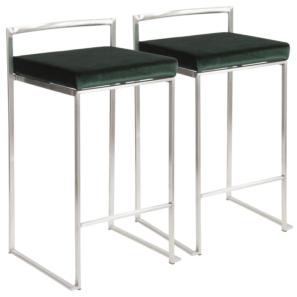 Fuji Contemporary Stackable Counter Stool in Stainless Steel with Green Velvet Cushion - Set of 2. Picture 1