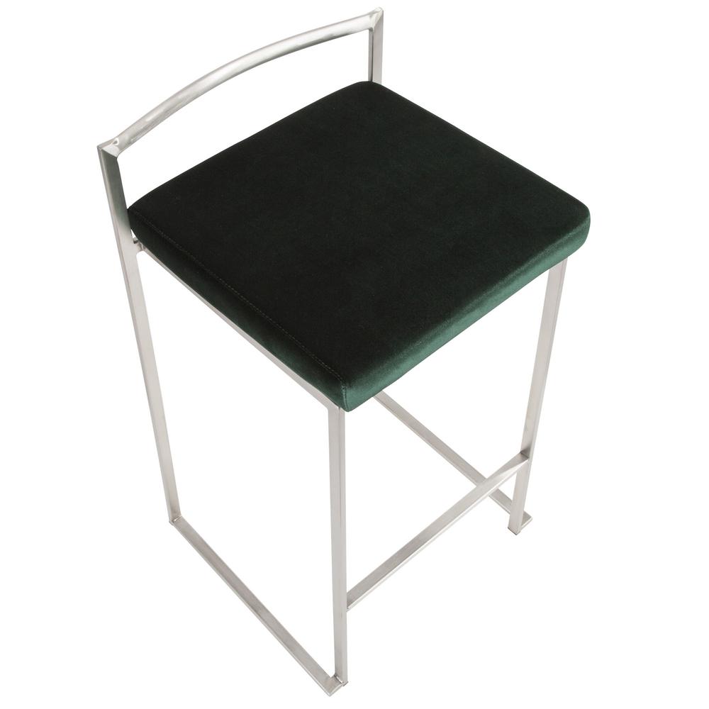 Fuji Contemporary Stackable Counter Stool in Stainless Steel with Green Velvet Cushion - Set of 2. Picture 7