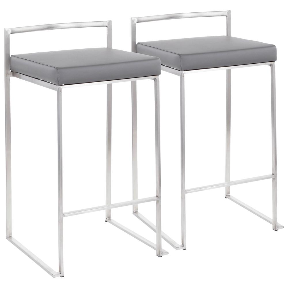 Fuji Contemporary Stackable Counter Stool in Stainless Steel with Grey Faux Leather Cushion - Set of 2. Picture 1