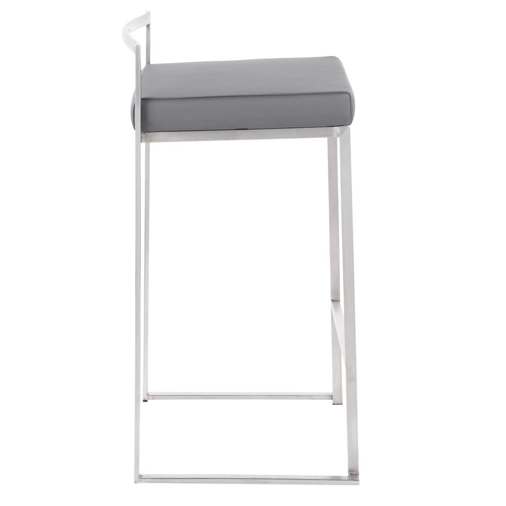 Fuji Contemporary Stackable Counter Stool in Stainless Steel with Grey Faux Leather Cushion - Set of 2. Picture 3