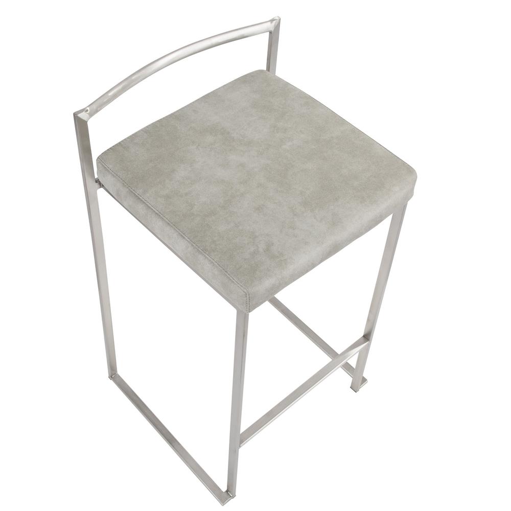 Fuji Contemporary Stackable Counter Stool in Stainless Steel with Light Grey Cowboy Fabric Cushion - Set of 2. Picture 7