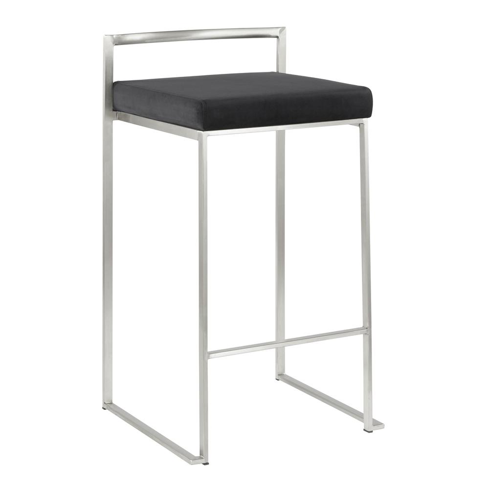 Fuji Contemporary Stackable Counter Stool in Stainless Steel with Black Velvet Cushion - Set of 2. Picture 2