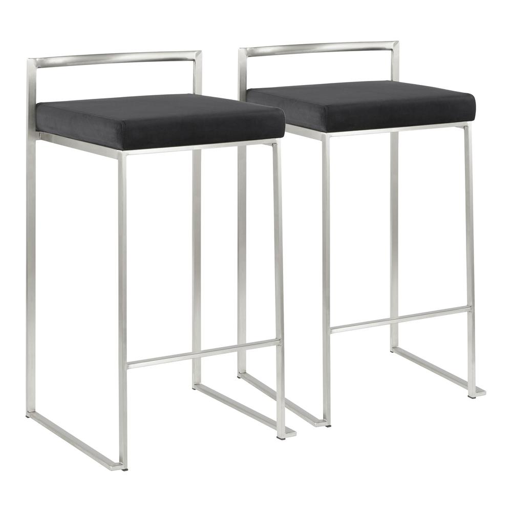 Fuji Contemporary Stackable Counter Stool in Stainless Steel with Black Velvet Cushion - Set of 2. Picture 1