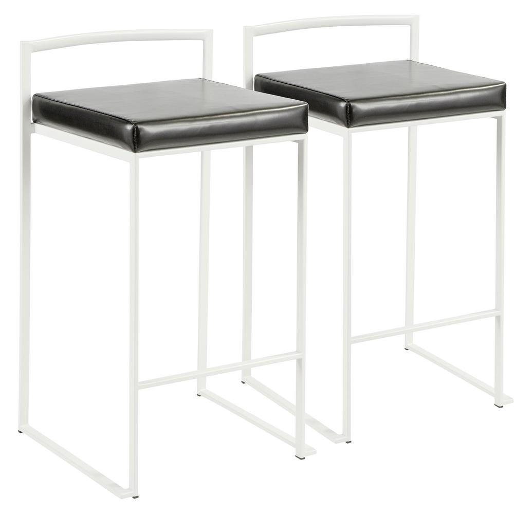 Fuji Contemporary Stackable Counter Stool in White with Black Faux Leather Cushion - Set of 2. Picture 1