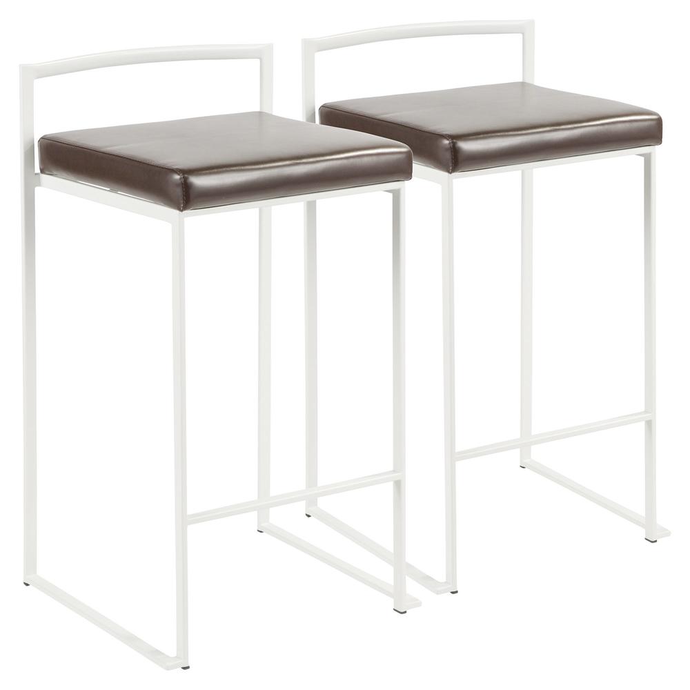 Fuji Contemporary Stackable Counter Stool in White with Brown Faux Leather Cushion - Set of 2. Picture 1