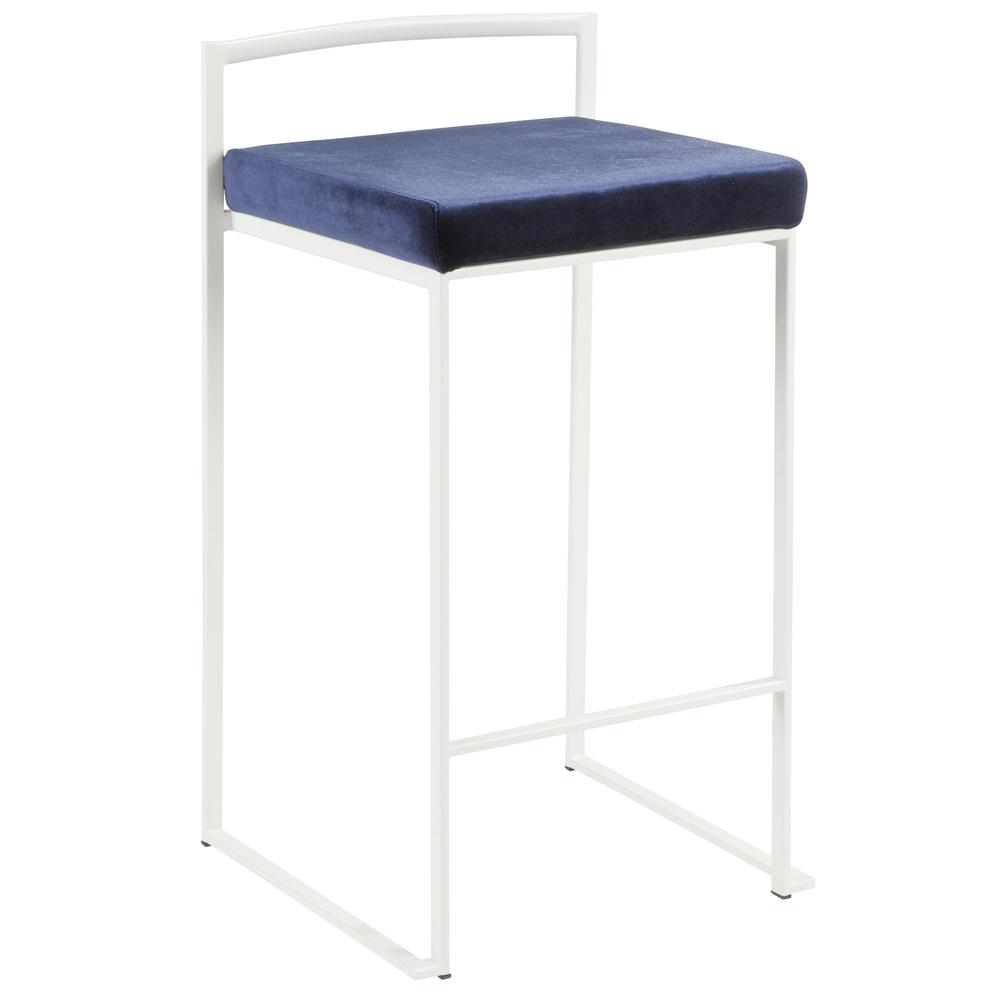 Fuji Contemporary Stackable Counter Stool in White with Blue Velvet Cushion - Set of 2. Picture 2