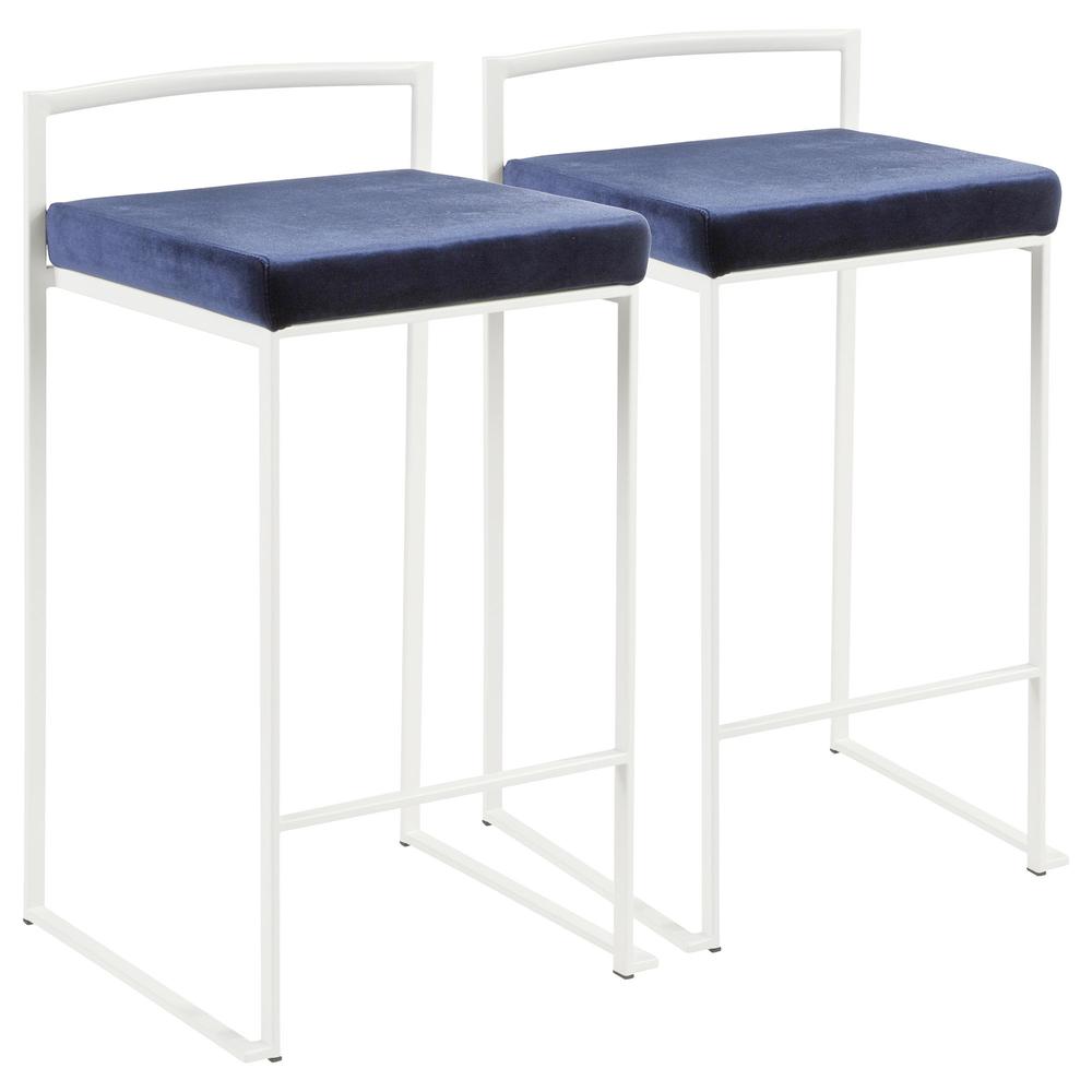 Fuji Contemporary Stackable Counter Stool in White with Blue Velvet Cushion - Set of 2. Picture 1