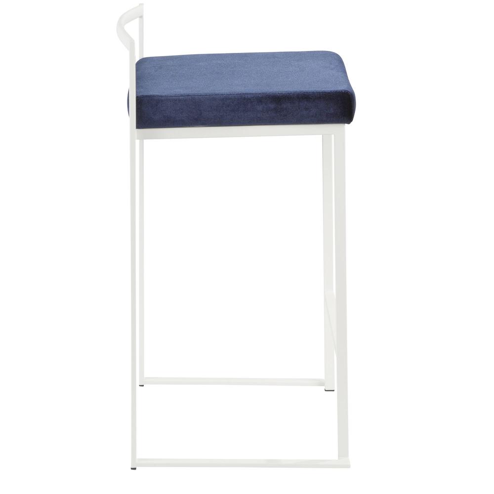 Fuji Contemporary Stackable Counter Stool in White with Blue Velvet Cushion - Set of 2. Picture 3