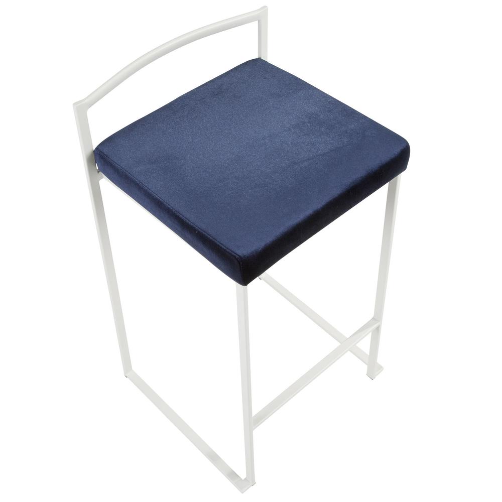Fuji Contemporary Stackable Counter Stool in White with Blue Velvet Cushion - Set of 2. Picture 7