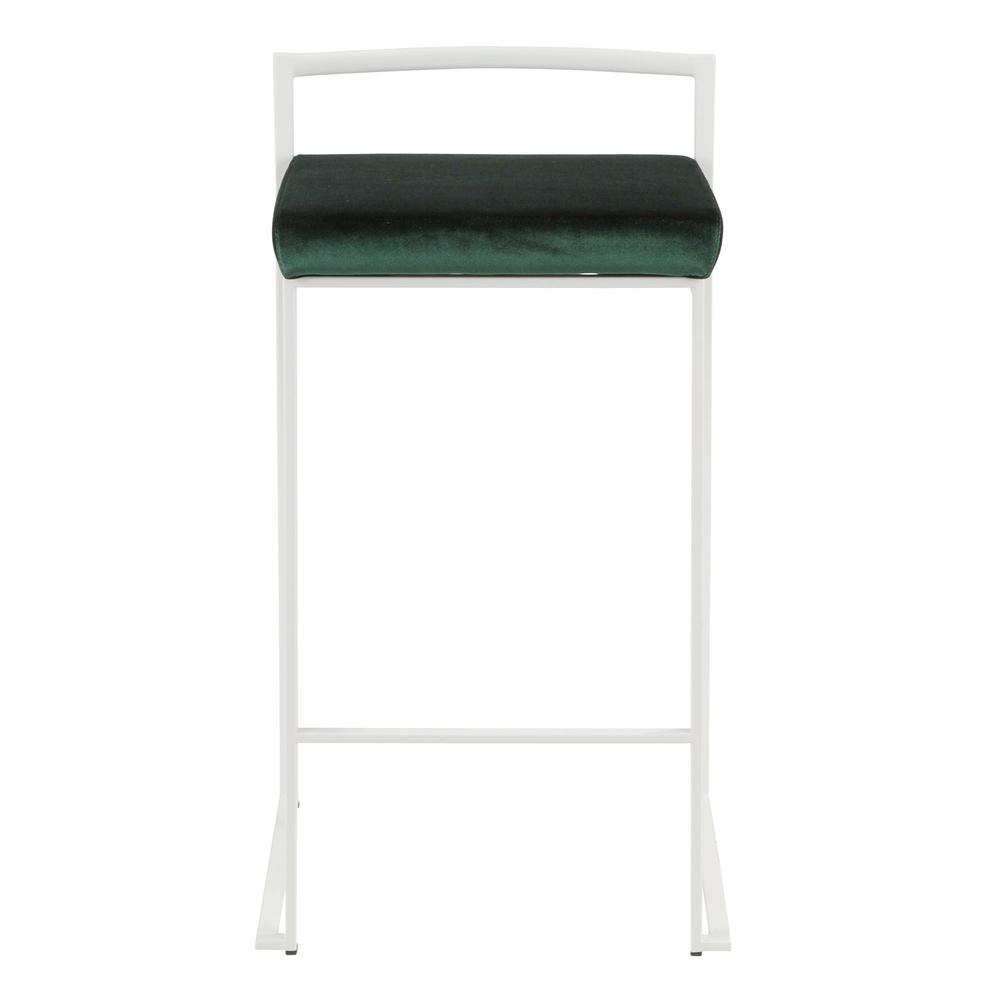 Fuji Contemporary Stackable Counter Stool in White with Green Velvet Cushion - Set of 2. Picture 6