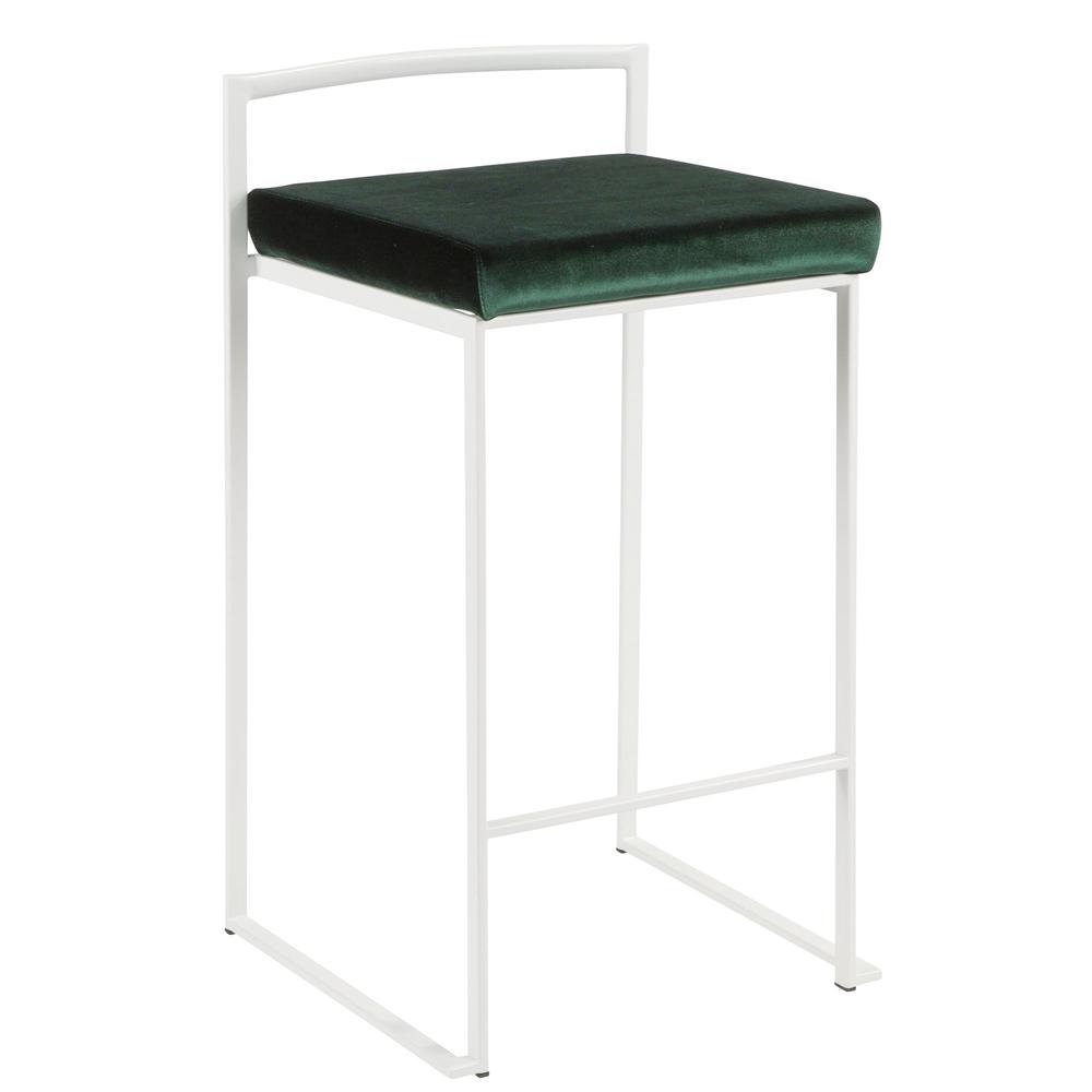 Fuji Contemporary Stackable Counter Stool in White with Green Velvet Cushion - Set of 2. Picture 2