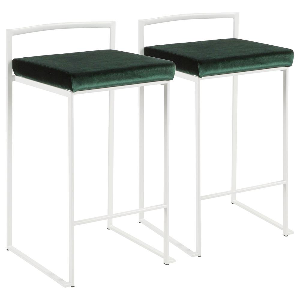 Fuji Contemporary Stackable Counter Stool in White with Green Velvet Cushion - Set of 2. Picture 1