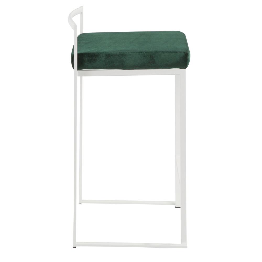 Fuji Contemporary Stackable Counter Stool in White with Green Velvet Cushion - Set of 2. Picture 3