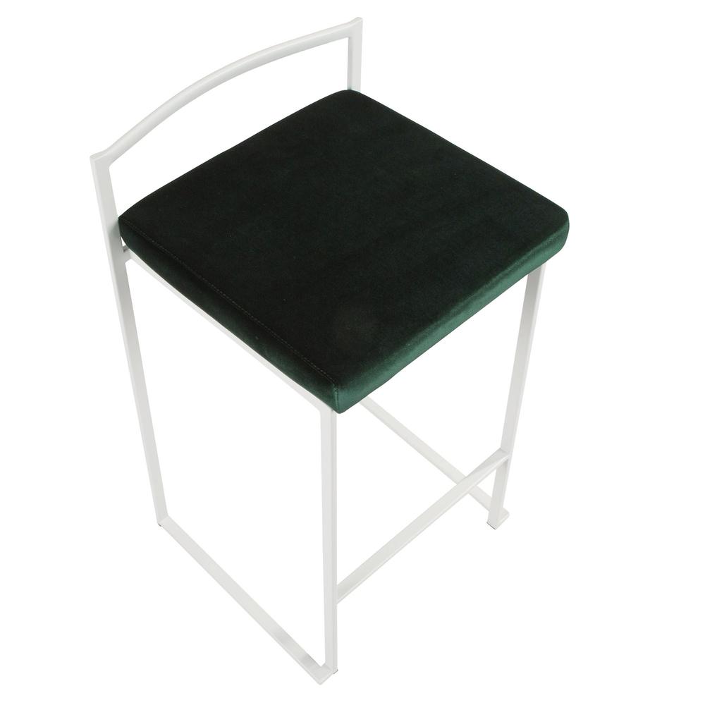 Fuji Contemporary Stackable Counter Stool in White with Green Velvet Cushion - Set of 2. Picture 7