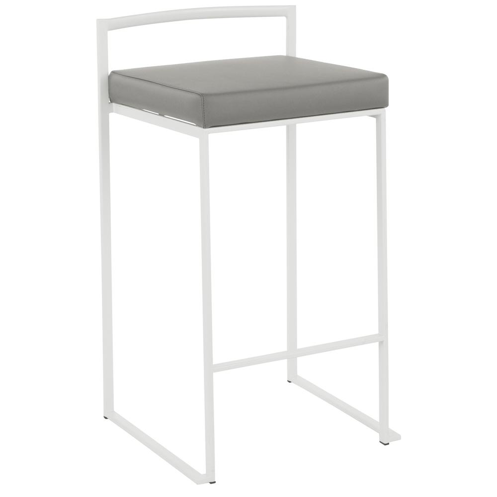 Fuji Contemporary Stackable Counter Stool in White with Grey Faux Leather Cushion - Set of 2. Picture 2