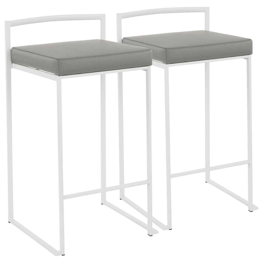 Fuji Contemporary Stackable Counter Stool in White with Grey Faux Leather Cushion - Set of 2. Picture 1