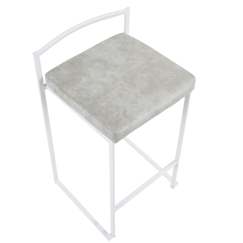 Fuji Contemporary Stackable Counter Stool in White with Light Grey Cowboy Fabric Cushion - Set of 2. Picture 7