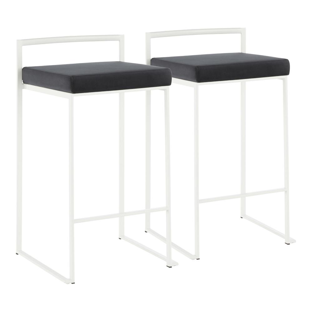 Fuji Contemporary Stackable Counter Stool in White with Black Velvet Cushion - Set of 2. Picture 1