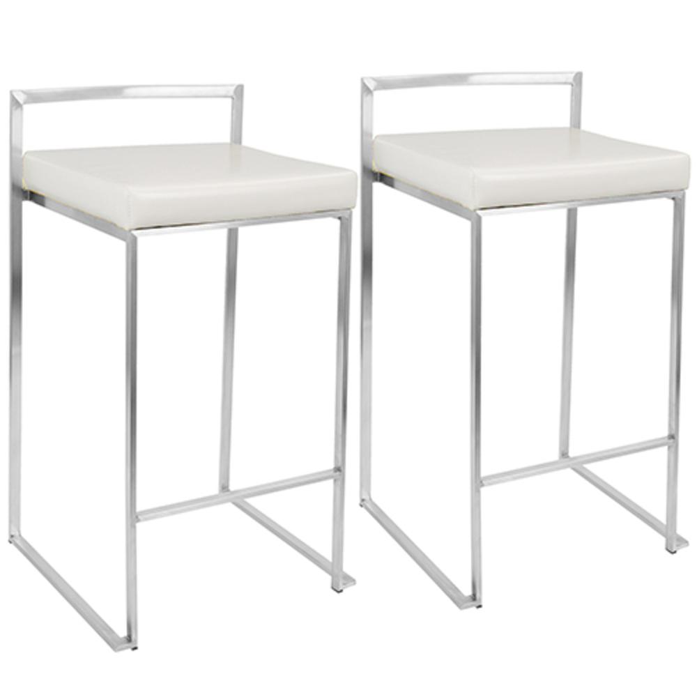 Fuji Contemporary Stackable Counter Stool in White Faux Leather - Set of 2. Picture 1