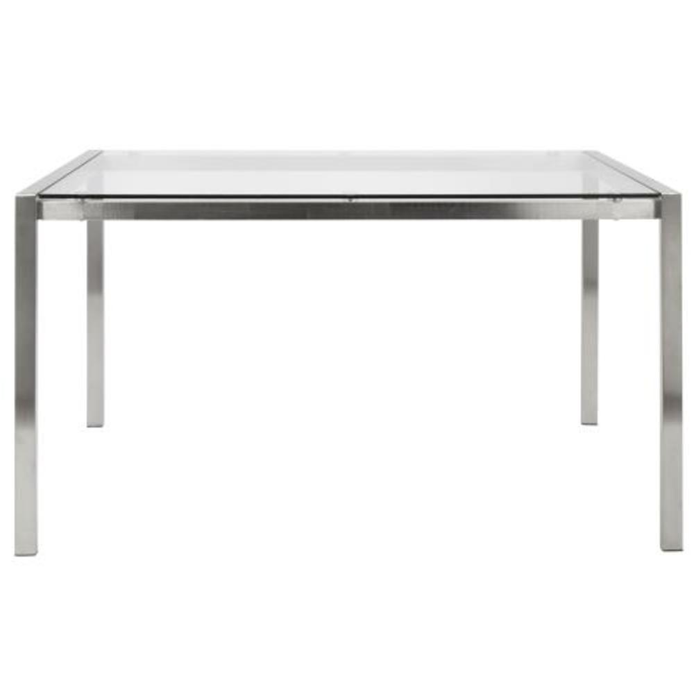 Fuji Contemporary Dining Table in Stainless Steel with Clear Glass Top. Picture 4
