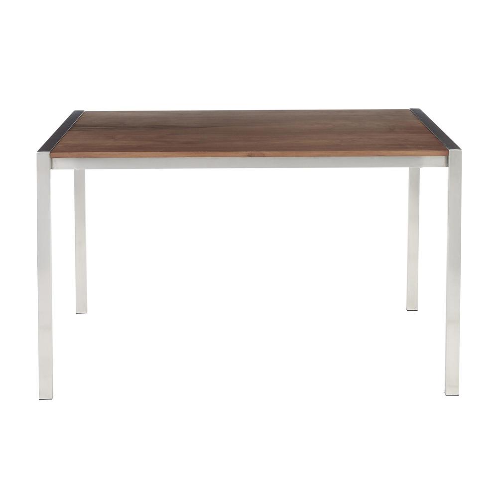 Fuji Modern Dining Table in Stainless Steel with Walnut Wood Top. Picture 4