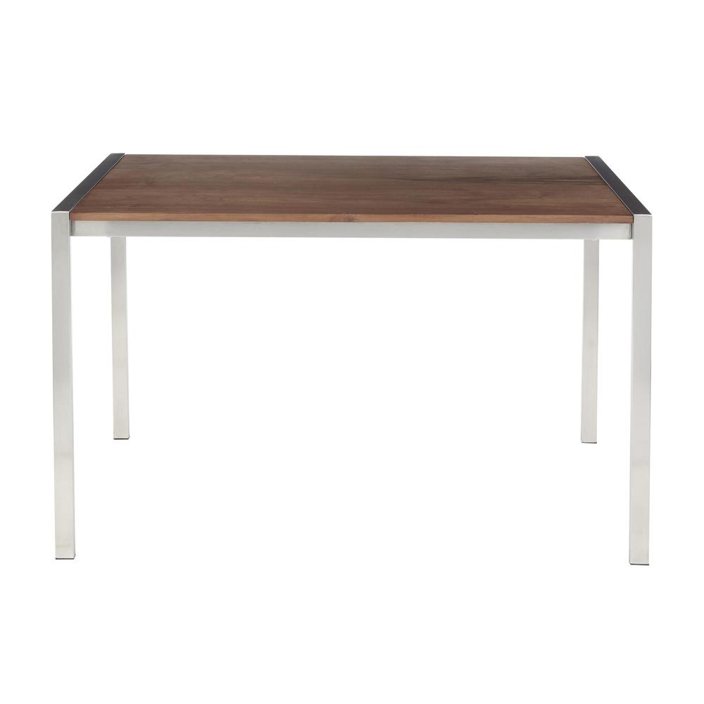 Fuji Modern Dining Table in Stainless Steel with Walnut Wood Top. Picture 5