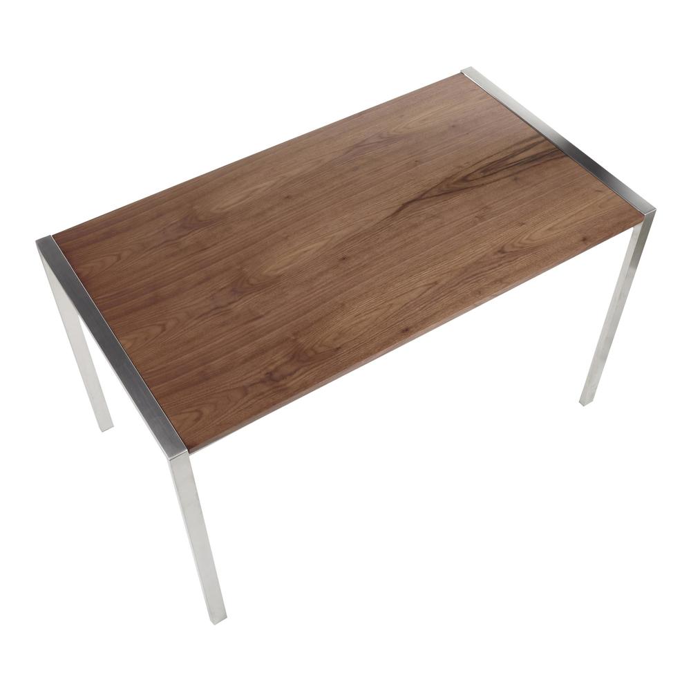 Fuji Modern Dining Table in Stainless Steel with Walnut Wood Top. Picture 6