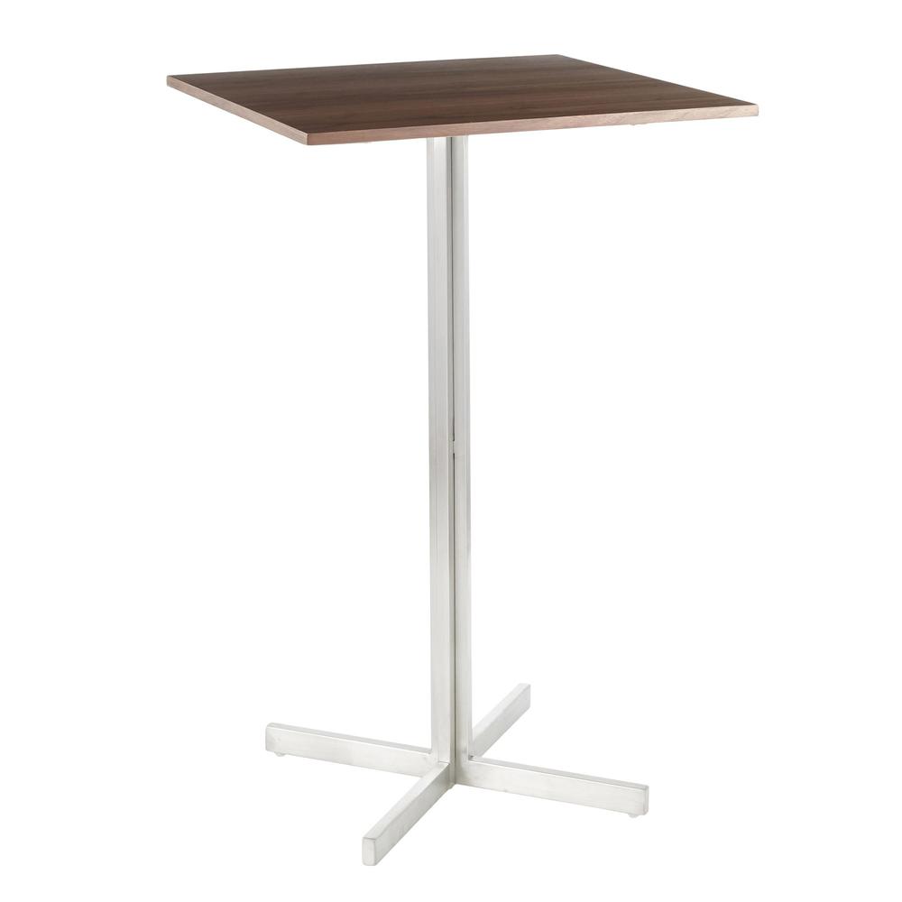 Fuji Contemporary Square Bar Table in Stainless Steel with Walnut Wood Top. Picture 1