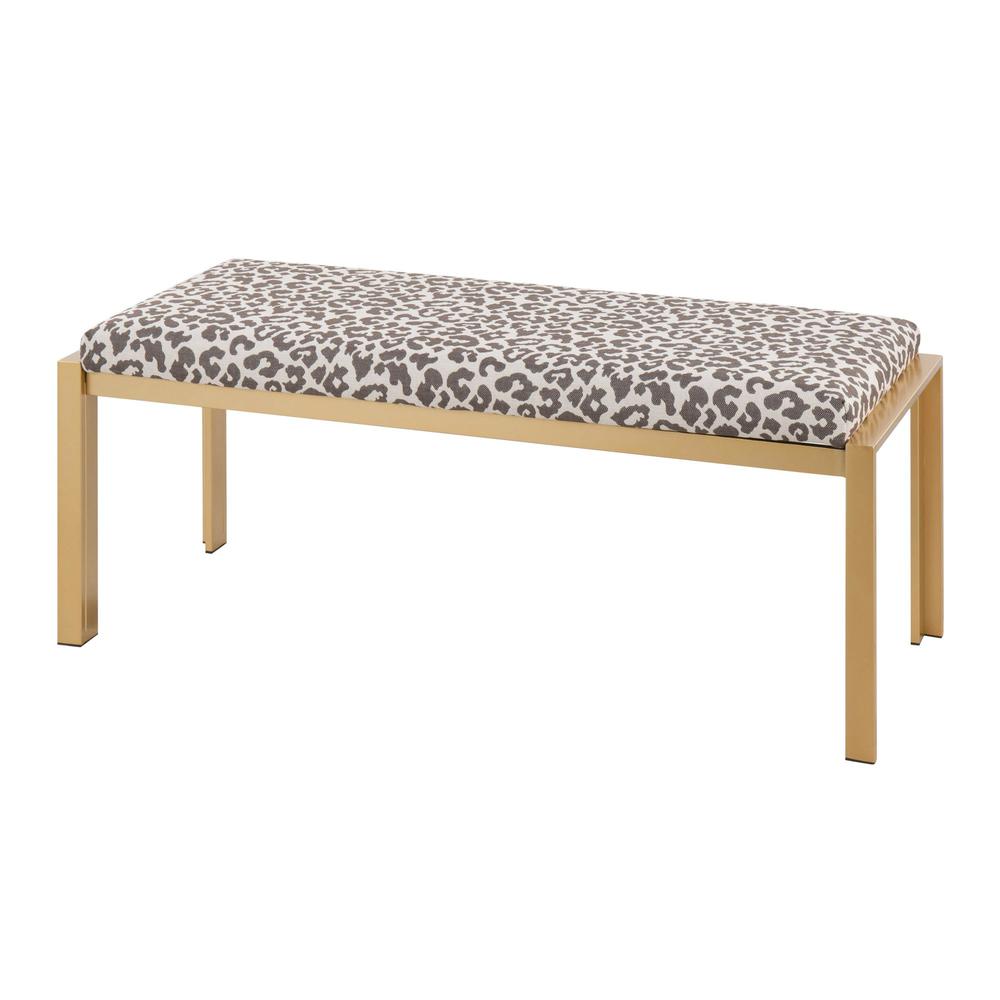 Gold Metal, Beige Leopard Fabric Fuji Bench. Picture 3
