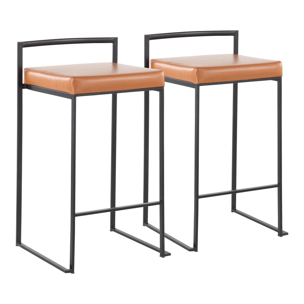 Black Steel, Camel Pu Fuji Stacker Counter Stool - Set of 2. Picture 1