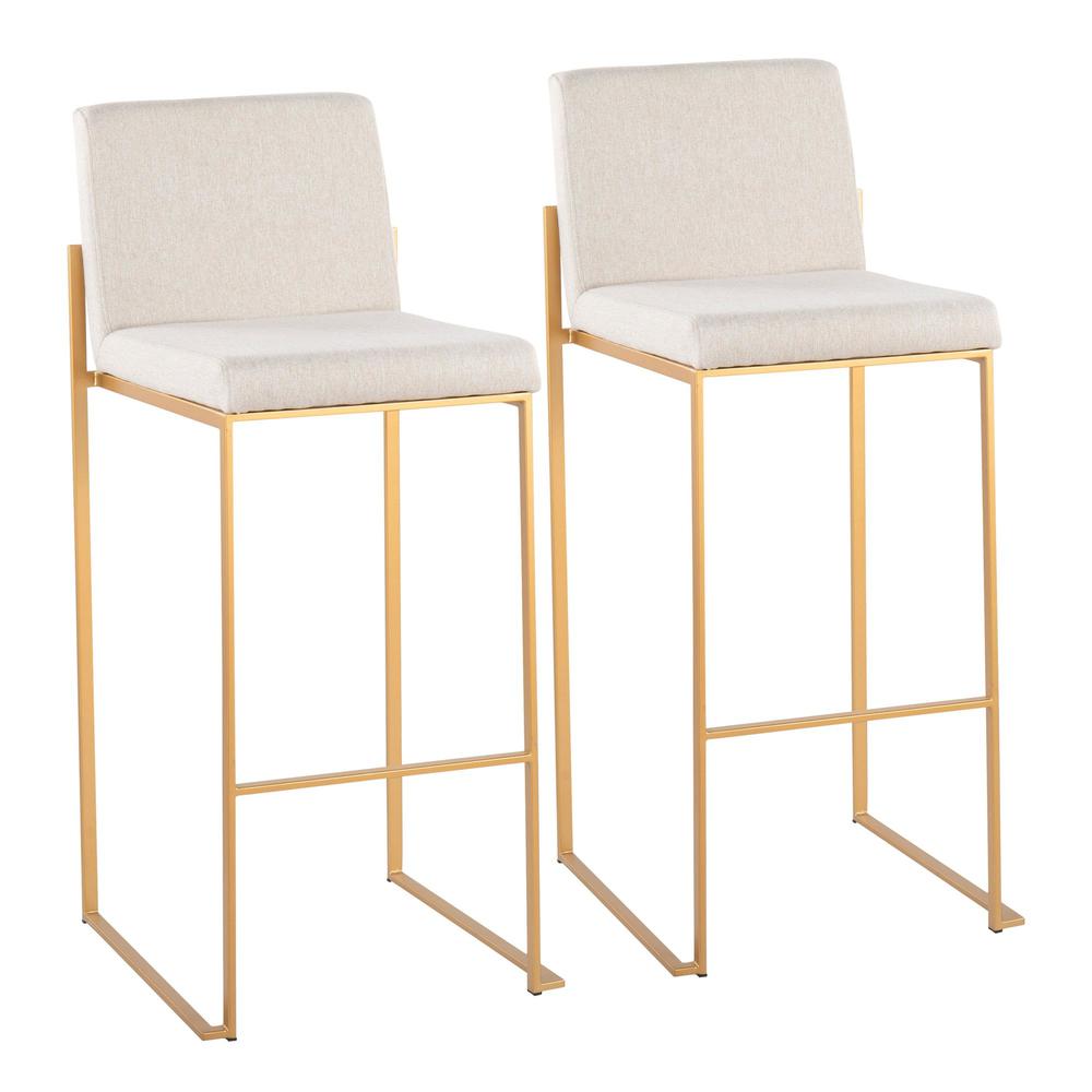 Gold Steel, Beige Fabric Fuji High Back Barstool - Set of 2. Picture 1