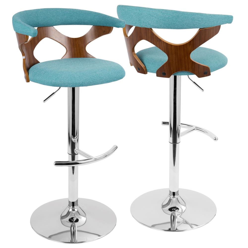 Gardenia Mid-Century Modern Adjustable Barstool with Swivel in Walnut and Teal. Picture 1