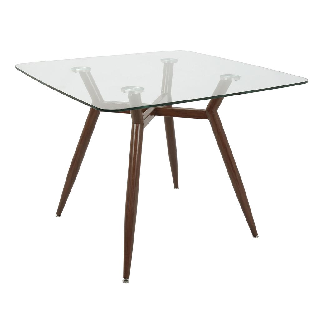 Clara Mid-Century Modern Square Dining Table with Walnut Metal Legs and Clear Glass Top. Picture 1