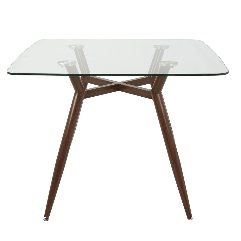 Clara Mid-Century Modern Square Dining Table with Walnut Metal Legs and Clear Glass Top. Picture 2