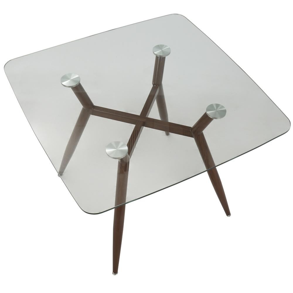 Clara Mid-Century Modern Square Dining Table with Walnut Metal Legs and Clear Glass Top. Picture 3